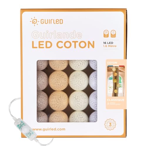 GuirLED - Guirlande lumineuse boules coton LED USB - Veilleuse bébé 2h - Adaptateur secteur double USB 2A inclus - 3 intensités - 16 boules 1.6m - Coton