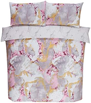 Sleepdown Duvet Cover Set - Blush Pink White - Metallic Marble Sparkle Glitz  Abstract Reversible Quilt Cover Easy Care Bed Linen Soft Cosy Bedding Sets with Pillowcases - Super King (220cm x 260cm)