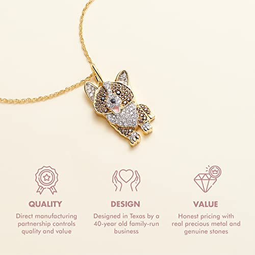 Scamper & Co Corgi Pendant Necklace For Women And Girls - Genuine Gemstone And Cubic Zirconia Puppy Charm With Elegant Bone Pattern Backplate On Real, Premium Plated Sterling Silver Chain With Easy Closure Lobster Claw Clasp, 18 Inch #TOP3