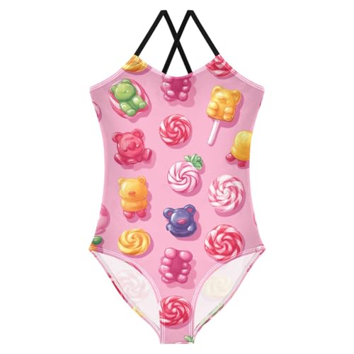 Pigsaly Girls One Piece Swimsuits Funny Colorful Lollipops Jelly Candy Bears Kids Cross Back Swimwear Sport Bathing Suit 3T