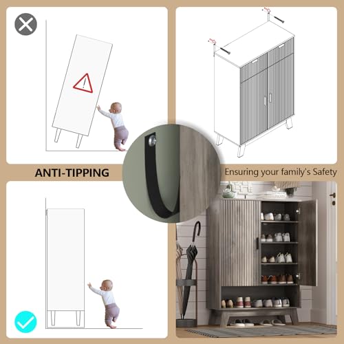 Image of Shoe Cabinet Storage for Entryway, 5 Tier Fluted Shoe Storage Cabinet with Wooden Legs, Narrow Hidden Shoe Organizer with Adjustable Shelves, Freestanding Shoe Rack for Entryway, Hallway, Grey