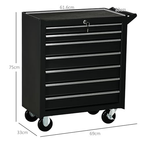 DURHAND 7-Drawer Rolling Tool Chest on Wheels, Lockable Tool Cabinet with Side Handle, Metal Tool Box Trolley for Garage, Workshop, Matte Black - Image 2