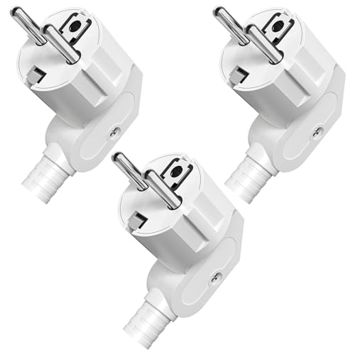 Schuko Stecker Stecker 250V Stromstecker mit Zugentlastung Schutzkontakt-Stecker mit Knickschutztülle Spritzwassergeschützt und Langlebig IP20 Bruchfest Weiß - 3 Stücke White