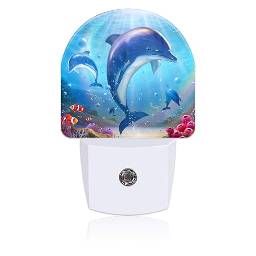 Image of Night Light for Kids Girls Boys, Cute Dolphins in Tropical Sea LED Night Light Plug into Wall with Dusk to Dawn Sensor for Room Decor, Hallway, Kitchen, Bathroom, Nursery, Stairs