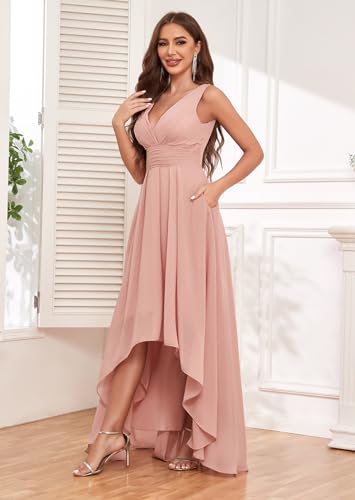 Fu Jiang Women's Chiffon Pleated Bridesmaid Dresses for Wedding Long High Low Formal Evening Dress with Pockets4