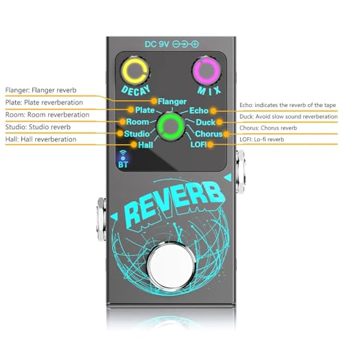 Laroal Digitaler Gitarren-Halleffektor, 9 Halltöne, Gitarreneffektpedal, Gitarreneffektpedal, Begleitung, Decay/Mix, leuchtende Bedienknöpfe