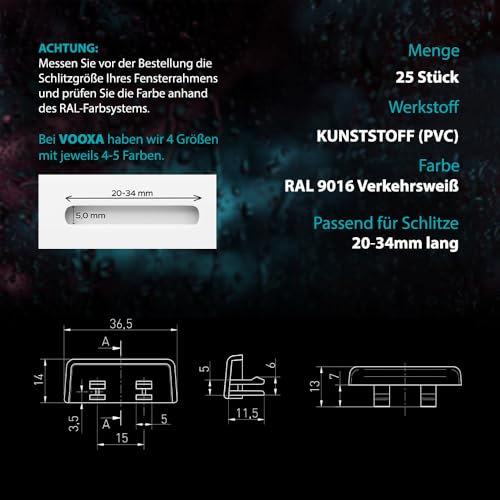 VOOXA 25 Stück Fenster Wasserschlitzkappen Standard Weiss RAL 9016 für Schlitzfräsungen von 20-34 x 5mm