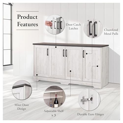 Image of Prepac Rustic Ridge 4 Door Console Table with Storage, Washed White Storage Cabinet with Doors and Shelves, Sideboard Storage Cabinet 66 inch W x 31.75 inch H x 16 inch D, ACBG-1620-1