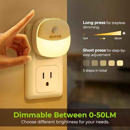 Image of AUVON Plug in Night Light with Motion Sensor and Dusk to Dawn Sensor, Mini Warm White LED Nightlight with 1-50 lm Adjustable Brightness for Bathroom, Hallway, Stairs, Bedroom, Kitchen, 4 Packs | Warm White LED Nightlight with 1-50 Im Adjustable Brightness for Bathroom, Hallway, Stairs, Bedroom, Kitchen, Kids' Room