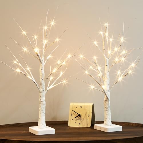 PABIPABI Lighted Birch Tree, 2 Pack Christmas Tree with 24 LED, Tabletop Centerpiece Artificial Tree Lights Battery Powered Timer for Home Office Bedroom Wedding