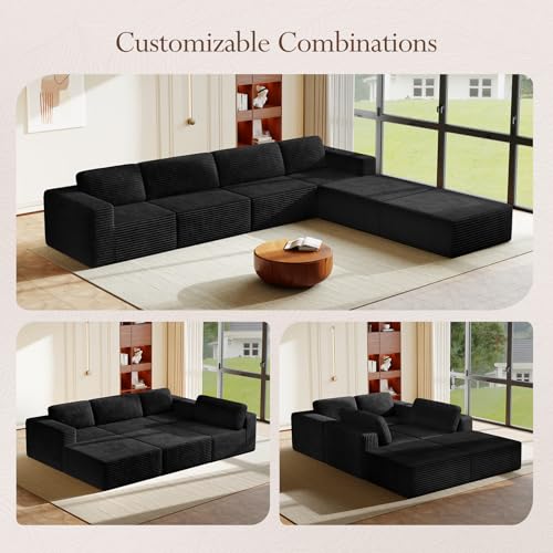 Image of Vesgantti 159 inch Large Modular Sectional Sofa, U-Shaped Corduroy Cloud Couch with Deep Seats & Spring Support, 4-Seater Boneless Sofa with 2 Movable Ottomans, No Assembly Needed, Black