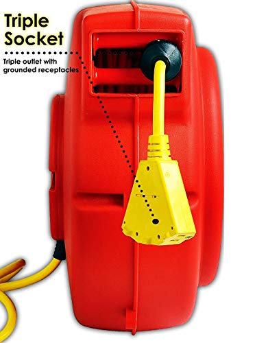 ReelWorks Retractable Extension Cord Reel Polypropylene 12AWG x 40' Foot Industrial Commercial Grade 3C SJT Cable Triple Tap Connector 15A 125VAC 1875W 60Hz Current Interrupter Best for Indoor Use