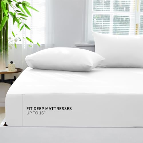 HCORA Queen Fitted Sheet with Pillowcases Set - 100% Viscose Derived from Bamboo - 400 Thread Count Cooling Fitted Sheet for Hot Sleeper - 16" Deep Pocket Fitted Sheet, Breathable (Queen, White)