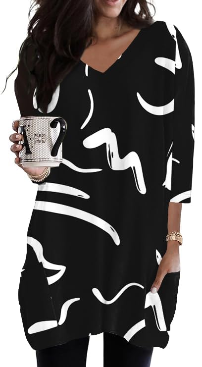 Poetsky Womens Tunic Tops for Leggings with Pockets Vneck 3/4 Length Sleeve Shirt Casual Long T-Shirts S-3XL