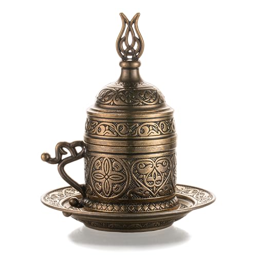 Moroccan Style 2 Oz Metal Porcelain Espresso Cups, Turkish Greek Arabic Coffee Cups with Lid and Saucer, Small Demitasse for Double Shot, Latte, Cafe Mocha, Tea, Gifts for Men Women (Antique Brass)