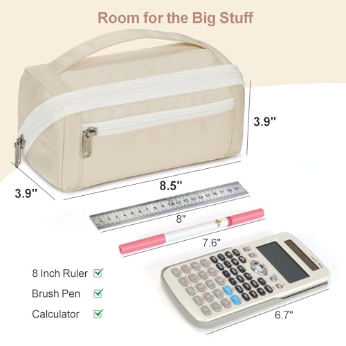 Image of Large Pencil Pouch for Teen Girls, 8 Compartments, Cream White | Large capacity pencil case, wide-opening organizer fits calculators, markers, pens; for middle school, high school, college