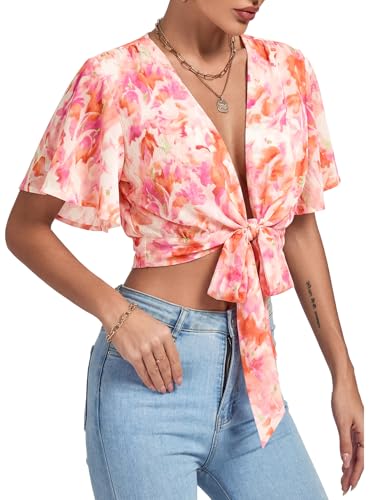 Image of LYANER Women's Sexy Deep V Neck Tie Front Wrap Cropped Blouse Bell Short Sleeve Ruffle Crop Tops