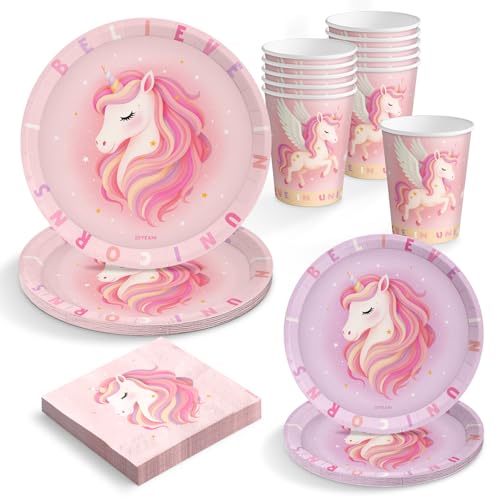 OH YEAH - Kit louça descartável unicórnio bebé rosa festa de aniversário 6 pessoas - 42 peças - pratos, copos e guardanapos descartáveis - decoração louça de aniversário infantil temático - kit mesa