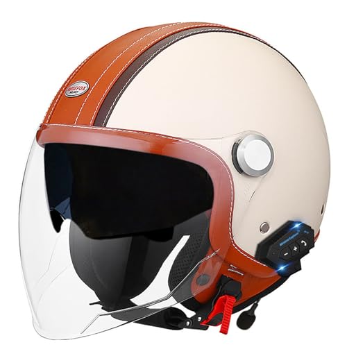 Bluetooth Jet Helmet Motorbike Helmet ECE Certification Applicable Leather Helmet Scooter Helmet Jet Helmet for Adults Men Women with Double Sun Visor B3,L/(59~60cm)