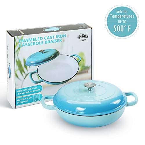 Cookwin Cast Iron Casserole Braiser, 3.8 Quart,Heavy Duty Casserole Skillet With Lid And Dual Handles, Porcelain Enameled Surface Cookware Pot, Mother's Day Gifts For Family Light Blue #TOP6