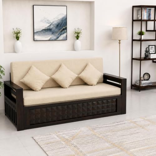 Image of SONA ART & CRAFTS Diamond Sheesham Wood Sofa Cum Bed 3 Seater with Storage and Side Pockets for Living Room Organizer Furniture Sofa Bed Home, Bedroom (Walnut Finish)