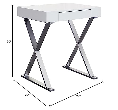 Whiteline Modern Living Elm Desk Small Size, High Gloss Lacquer, One Drawer, Polished Stainless Steel Base, White #TOP2