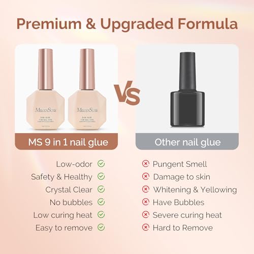 Image of MelodySusie 9 in 1 No TPO Gel Nail Glue for False Nail Tips, 2Pcs*15ml Long Lasting UV Light Required,as Base Coat, Apex Building, Blooming & Rhinestone Gel, Stong Adhesion Manicure Kit Salon Home