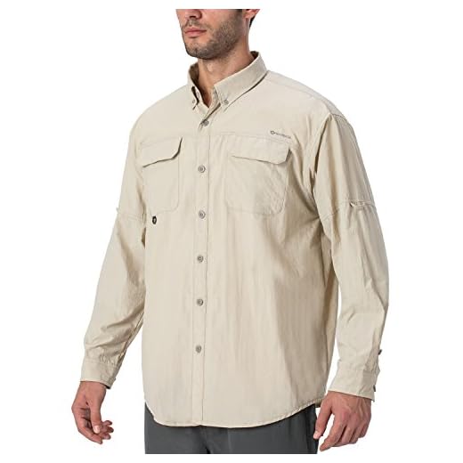 NAVISKIN Men's Sun Protection Fishing Shirts UPF 50+ Long Sleeve Sun Shirts for Men PFG Hiking Travel Shirts Khaki Size L