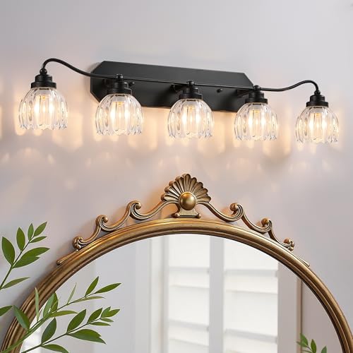 Image of Vintage Bathroom Light Fixtures, 5 Light Bathroom Vanity Light, Black Matte Antique Brass Finish with Crystal Glass Shade, Mid Century Wall Sconces for Bedroom, Living Room, Hallway