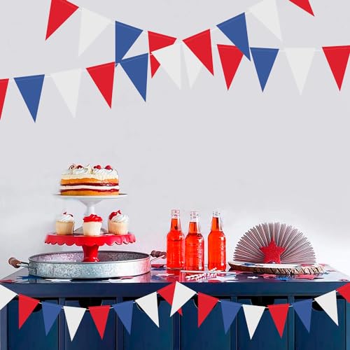 Image of XIANMU 40 Feet 104 Pcs Red White Blue Banner Patriotic Party Decorations Paper Pennant Triangle Flag Bunting Garlands for 4th of July Independence Day Graduation Party Decoration Supplies