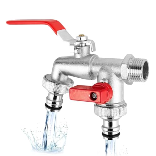 HASTHIP 1/2 Inch Dual Outlet Garden Brushed Faucet Splitter, Heavy Duty Zinc Alloy Double Valve Tap with Individual Control, Outdoor Faucet Garden Tap for Efficient Water Distribution, Silver