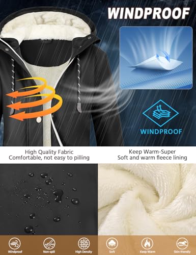 Vancavoo Wintermantel Damen Winterjacke Warm Gefüttert Wasserdicht Atmungsaktiv Regenmantel Übergangsjacke Winter Windbreaker Jacke Mantel Outdoorjacke mit Kapuze,Schwarz,M