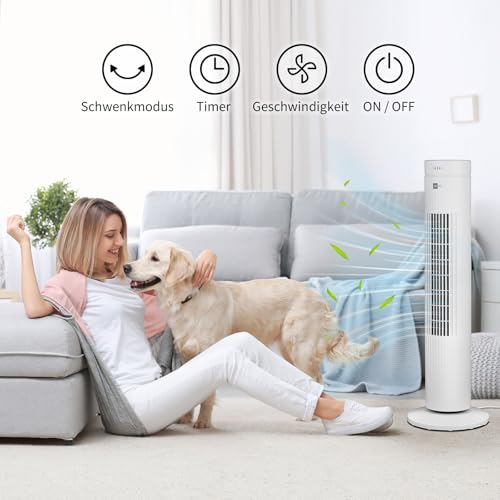 aeco AirX SPIN Turmventilator mit Fernbedienung, 76 cm Höhe, 60° oszillierender Ventilator mit Timerfunktion (7H), 3 Geschwindigkeiten, Power-Off-Funktion, leise für Schlafzimmer und Büro, Weiß 3
