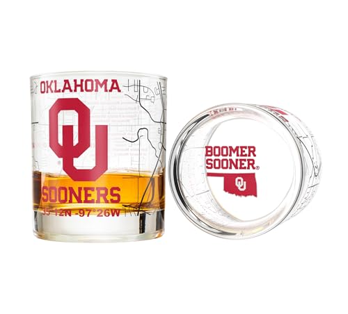Image of Greenline Goods University of Oklahoma Sooners Whiskey Glasses Set of 2, 10 oz Rocks Glasses with Full-Color Logo & Campus Map - Officially Licensed Bourbon Glass Gift for Alumni & Fans