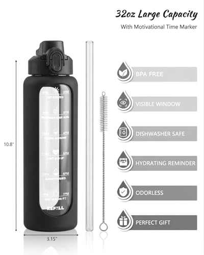 Nefeeko 32 oz Glass Water Bottles with Straw, Time Marker, Motivational 1 Liter BPA FREE Leakproof Reusable Glass Water Bottle with Silicone Sleeve, Bamboo, Spout Lid - Image 6