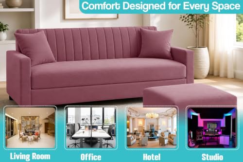 Image of Urban Decor 3 Seater Wooden Sofa Set with Matching Ottoman, Modern Channel Tufted Velvet Fabric Couch for Living Room-Rose Pink
