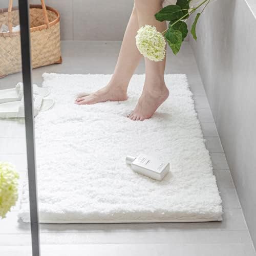 Disolla Non-Slip Bath Mat Machine Washable Bath Rugs Water Absorbent Soft Shaggy Plush Floor Mats for Shower, Microfiber Fluffy Bathroom Mat, 17''x24'' White