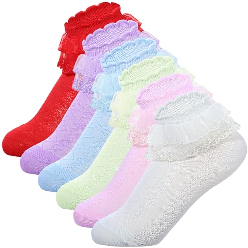 6 Pairs Girls Dress Socks,6 Colors Toddle Ankle Frilly Ruffle Socks Baby Girl Princess Style for Kids Little Girl
