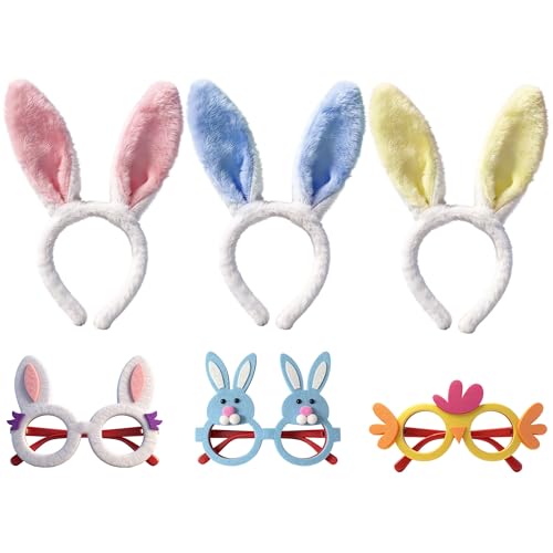 Yohaoupty Easter Headbands and Party Glasses Set 6 Pieces Bunny Ears Rabbit Chick Eggs Photo Booth Props Party Favor Decoration