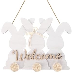 Roowest Easter Bunny Welcome Door Sign Easter Wooden Door Decor Bunny Wreath Hanging Plaque Farmhouse Home Front Porch Rabbit Sign with Bow for Shop Home Garden Spring DecorNatural Color