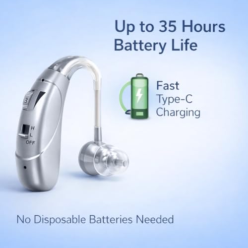 Image of Rechargeable Digital BTE Hearing Aid for Old Age with Type-C Charging for Severe to Profound Hearing Loss - Volume Control | Noise Reduction | Comfort Fit for Adults & Seniors (6 Month Warranty) (Silver, For Both Ear)