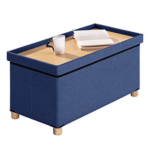 BRIAN & DANY Ottomaanse opbergdoos met 4 houten poten, linnen opbergpoef voor woonkamer, blauw, 76 x 38 x 38 cm - Afbeelding 5
