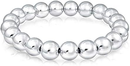 Simple Basic Round .925 Sterling Silver Bead Ball Strand Stretch Bracelet For Women 10MM