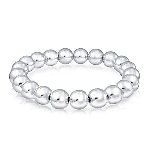 Simple Basic Round .925 Sterling Silver Bead Ball Strand Stretch Bracelet For Women 10Mm #TOP18