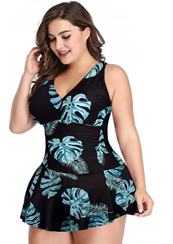 Maiô Com Saia Feminina Plus Size Estampada ECOCOZY (Black,GGG)