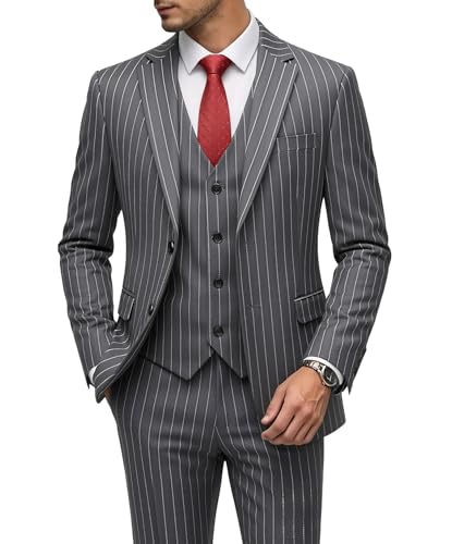 MOGU Mens 3 Piece Pinstripe Suit Slim Fit Double Vents Tuxedo Jacket Vest & Pants Casual Dress Set Size L Gray