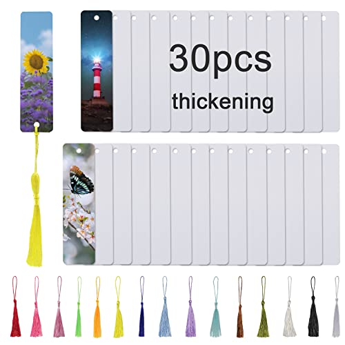 30 Pcs Sublimation Bookmark Blank Heat Transfer Aluminum Metal Bookmarks Bulk DIY Bookmarks with Hole and Colorful Tassels for Crafts Personalized Tassels Blank Bookmark