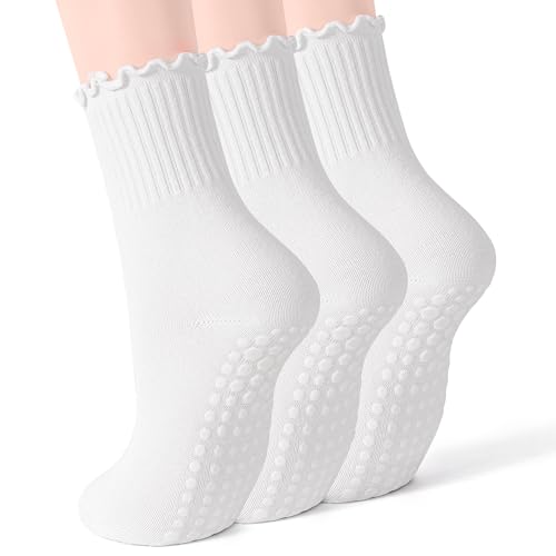 SkiBeaut Pilates Grips Socks- Yoga Women Non Slip Grippers Anti Skid Sticky Hospital Socks for Senior, 3 Pairs, US Size 5-9