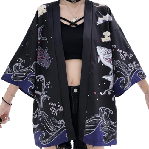 Hperu Kimono japonais pour femme, kimono cardigan Harajuku ample blanc et, chemisier d'été à la mode asiatique pour femmes et hommes, décontracté cosplay
