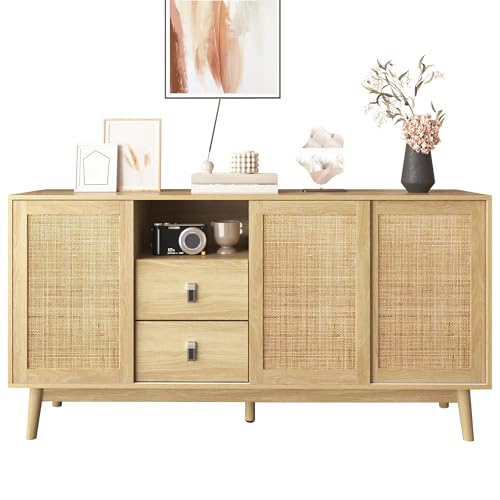 155cm L Kommode Sideboard mit 3 Schiebetüren aus Echtem Rattan und 2...